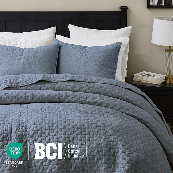 palassio Blue Grey 100% Cotton Quilt King Size Bedding Sets with 2 Pillow Shams, Textured Lightweight Soft Bedspread Shabby Chic Coverlet, Quilted Comforter Bed Cover for All Season, 3 Pieces