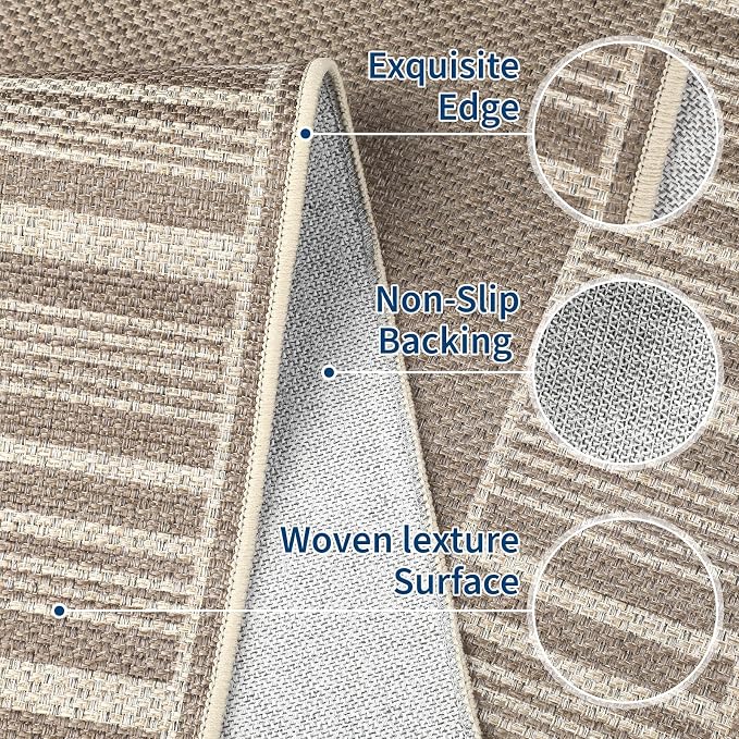 COZYLOOM Easy Jute Area Rugs 9x12 Large Living Room Rug with Rubber Backing, Washable Stain Resistant Bordered Rug Non Shedding Neutral Striped Farmhouse Carpet for Bedroom, Patio, RV, Beige Brown