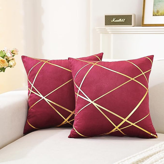 Gyulin Pack of 2 Velvet Throw Pillow Covers 18x18 Inch - Wine Red Gold Foil Geometric Cushion Cases, Modern Luxury Sofa Bedroom Living Room Home Decor