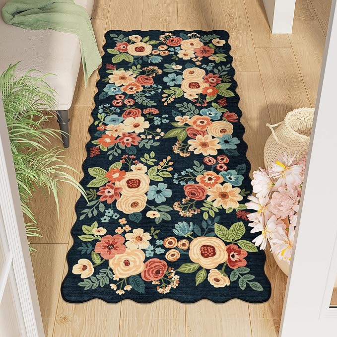 DUKINO 2x5 Washable Runner Rug, Floral Non Slip Kitchen Rug, Navy Blue | Soft, Low Pile, Non-Shedding Throw Rug Runner for Hallway, Entryway, Bedroom, Bathroom, Pet Friendly, Home Decor, Lightweight