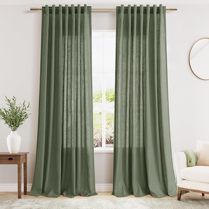 Extra Long Curtains 2 Panels 102 Inches Long for Living Room Olive Green Back Tab Rod Pocket Light Filtering Semi Sheer Drapes Cotton Linen Textured Window Curtain 102 Inch Length for Bedroom 9 FT