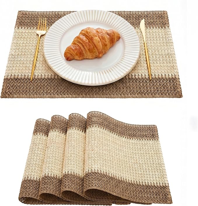 Artoid Mode Brown Paper Woven Farmhouse Stripe Placemats Set of 4,12x18 Inch Seasonal Holiday Table Mats Party Kitchen Dining Decoration