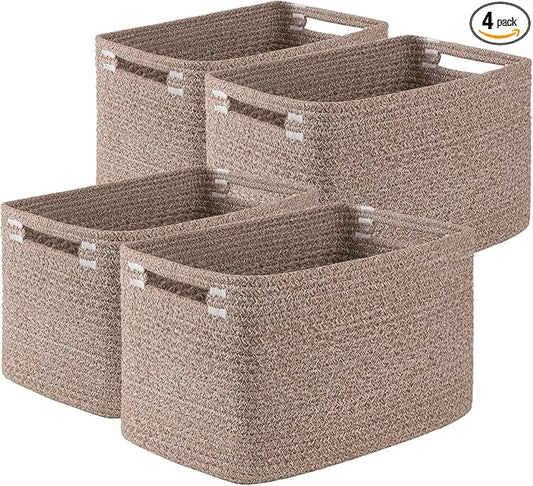 OIASKET 4Packs Natural Cotton Rope Storage Baskets for Organizing Toys, Clothes, Towels & Books, Soft Versatile Organizers for Shelves, Home Decorative Bins, 13''Lx9''Wx7.8''H, Linen Brown
