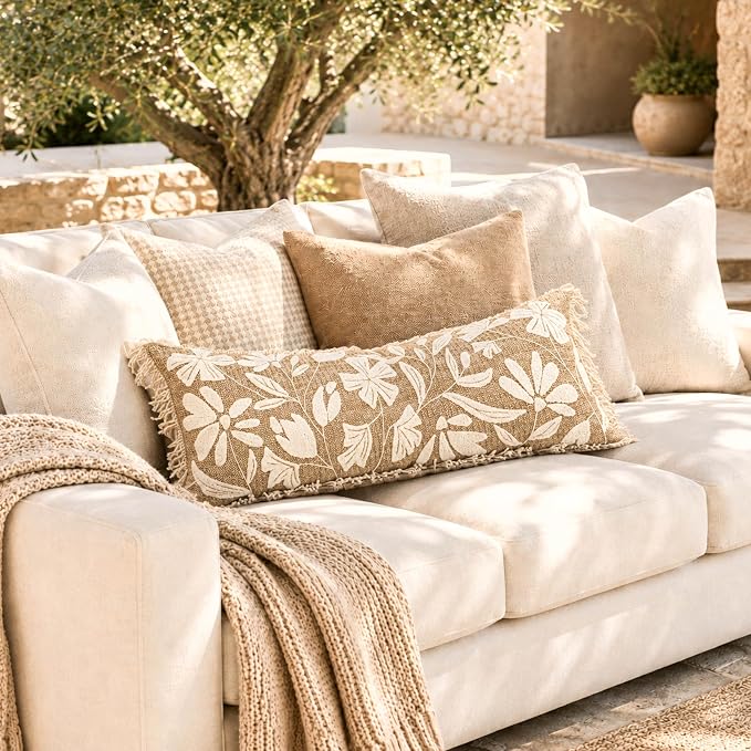 BlissBlush Long Lumbar Pillow Cover 14x36 Indoor Outdoor, Jute Inspired Floral Tufted Accent Oversize Throw Pillowcase for Patio Bed Bedroom, Cover Only