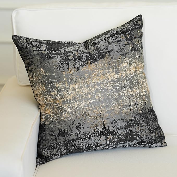 THE-TINOART Gold Splashed Industrial Modern Throw Pillow Covers 18x18, Slate Gray and Black Jacquard Woven Pillow Covers, Urban Textured Decor for Couch Sofa Bed