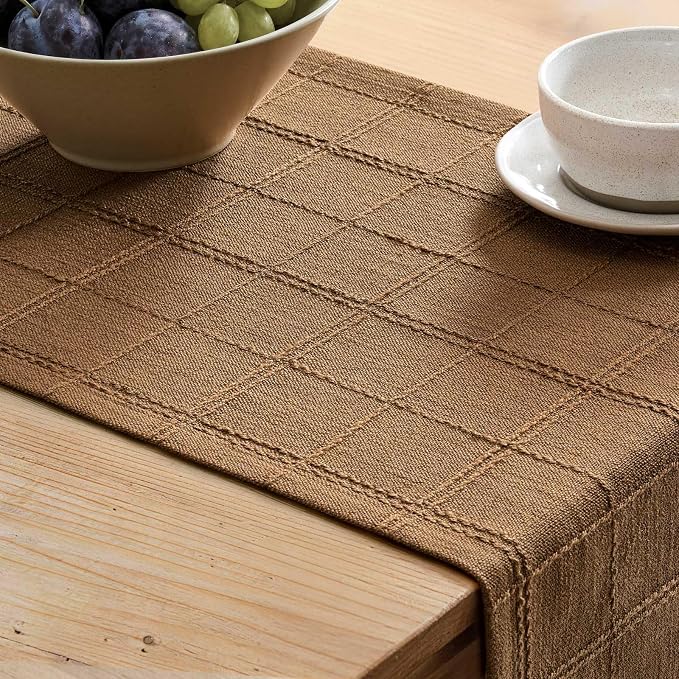 ZeeMart Linen Checked Farmhouse Table Runner, 13x36 Inches Roasted Brown | Raised Grid Design, Rich Woven Texture, Linen Blend Table Runners 36 Inches Long, Machine Washable, Boho Home Kitchen Decor