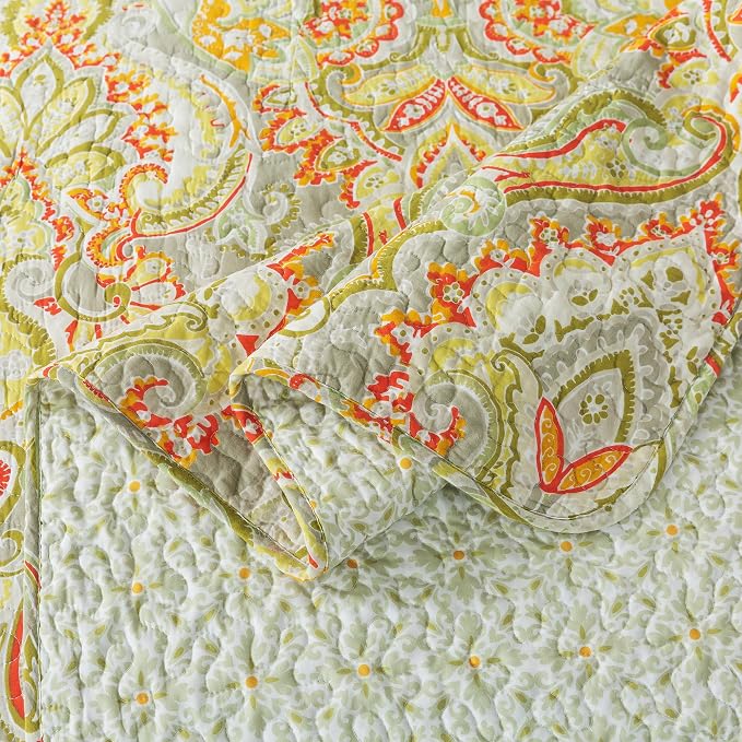 NEWLAKE Cotton Bedspread Quilt Sets-Reversible Patchwork Coverlet Set, European Beige Floral Pattern, Queen Size