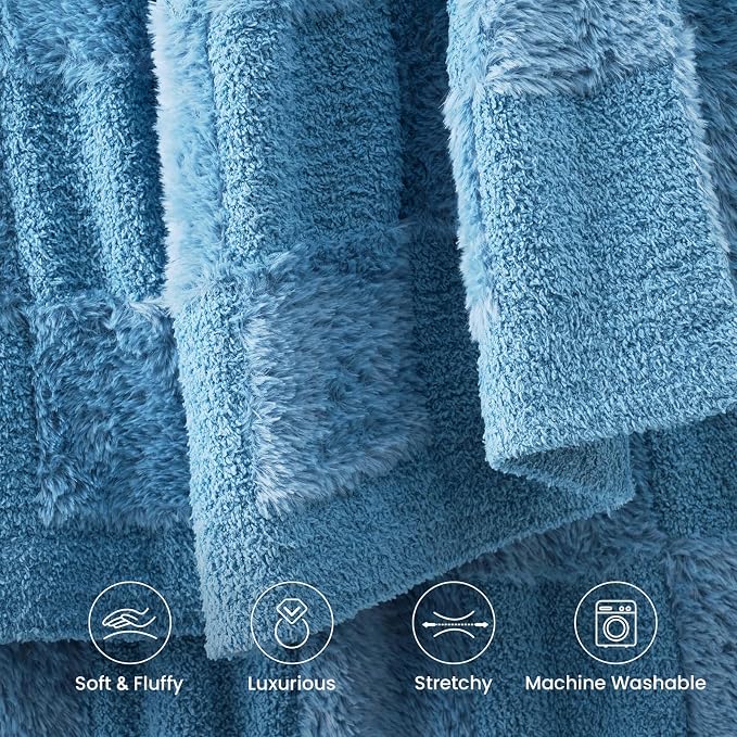 Snuggle Sac Faux Fur Checkered Blanket Twin Size with Soft Knitted Microfiber Fabric,Cozy Soft Warm Blanket for Sofa Bedroom Living Room,Solid Blue,60x80 inches