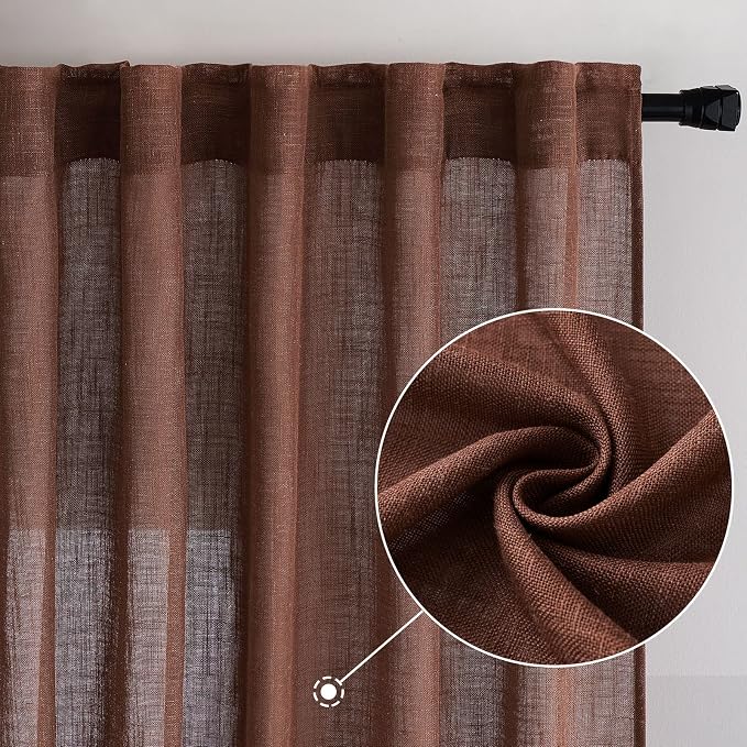 MIULEE Chocolate Brown Linen Curtains 52x90 Inch for Bedroom Living Room | Thick Linen Textured Window Drapes, Semi Sheer Light Filtering, Back Tab Rod Pocket, Burlap Look Decor, 2 Panels