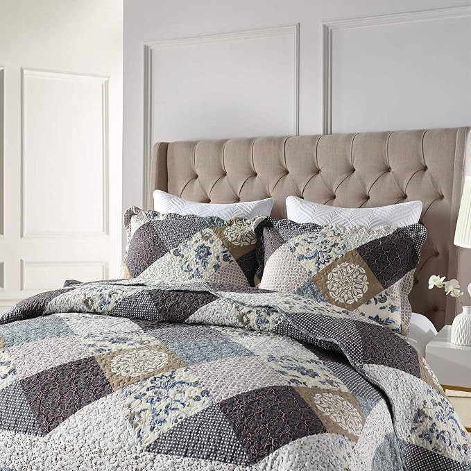 Travan 3-Piece Queen Quilt Set Quilted Bedspread Oversized Microfiber Lightweight Coverlet Set with Shams Reversible Printed Coverlet Bedding Set for All Season, Slate Blue, King Size
