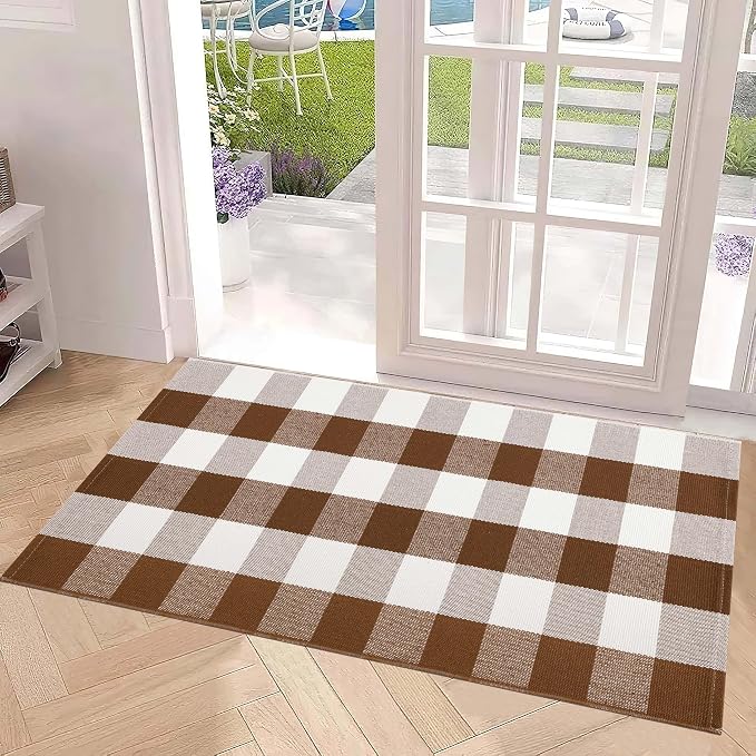 Coffee and White Outdoor Rug 24''x51''Checkered Plaid Front Porch Rug Cotton Woven Washable Door Mat Outdoor for Layered Doormat Hello Welcome Door Mat Kitchen Farmhouse Entryway