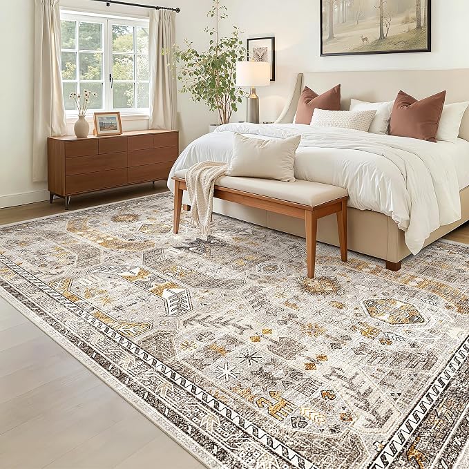 Madane 5x7 Area Rugs for Living Room, Non-Slip Washable Rug, Brown/Gold | Ultra-Thin Stain Resistant Vintage Large 5'X7' Carpet, Soft Low Pile Floor Mat For Bedroom Dining Room Office Home Decor