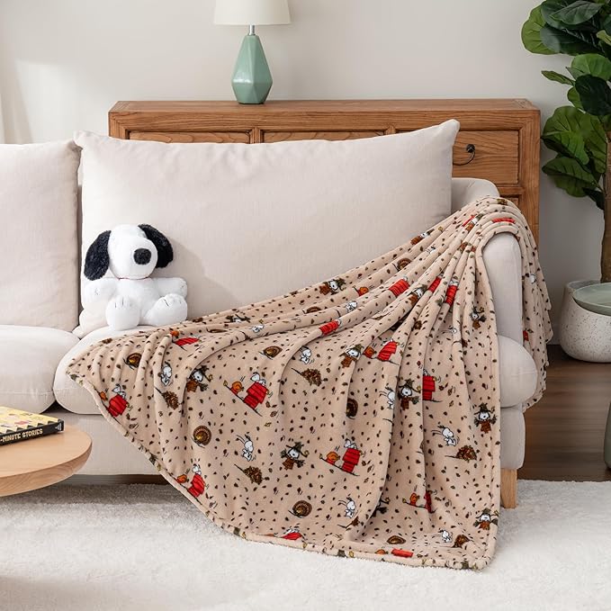 Berkshire Blanket Peanuts® VelvetLoft® Cute Character Snoopy Plush Oversized Throw Blanket, Peanuts Snoopy and Woodstock Harvest Combo Linen (50in x 60in)