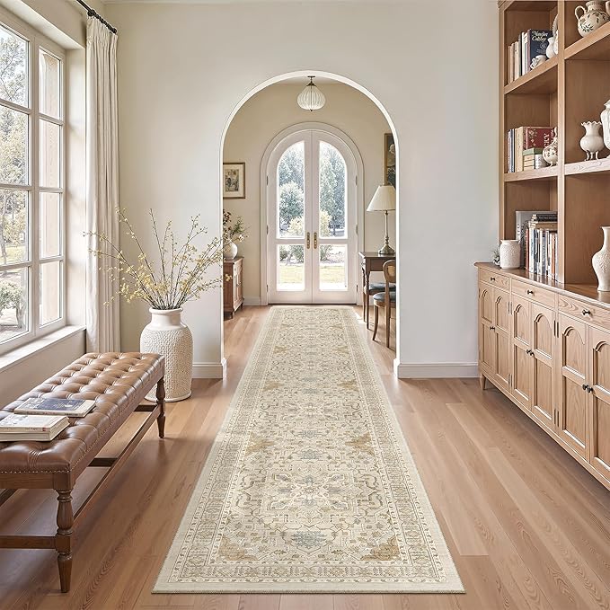 Madane Washable Runner Rugs 2x12 Long for Hallway Kitchen Soft, Beige/Blue | Non-Slip Vintage Printed 12ft Rug Runners with Rubber Backing, Thin Low-Pile Floor Carpet Laundry Room Entryway, Corridor