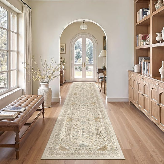 Madane Washable Runner Rugs 2x12 Long for Hallway Kitchen Soft, Beige/Blue | Non-Slip Vintage Printed 12ft Rug Runners with Rubber Backing, Thin Low-Pile Floor Carpet Laundry Room Entryway, Corridor