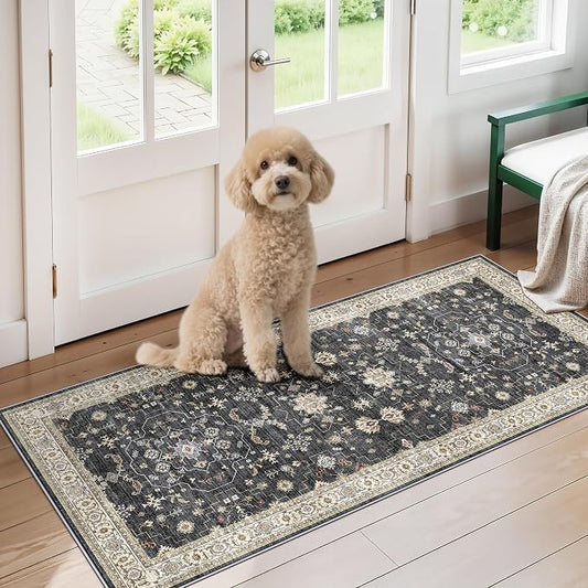 RUUGME 2x4 Entryway Runner Rugs: Non-Slip Washable Small Runners for Kitchen Vintage Low Pile Carpet for Indoor Entrance Hallway Soft Thin Stain Resistant DoorMat for Bathroom Bedroom(Black/Multi,2x4)