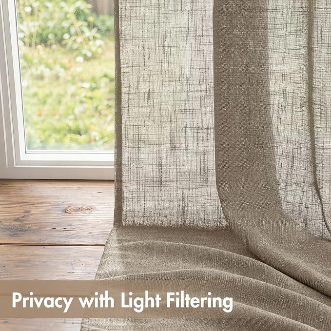 MIULEE Dark Taupe Back Tab Linen Curtains 4 Panels 42W x 84L | Linen material, light filtering, rod pocket back tab hanging, farmhouse decor for living room bedroom
