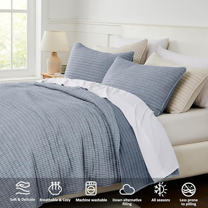 WDCOZY Chambray Pick Stitch Twin Size Quilt Set, Denim Blue Striped Lightweight Soft Summer Spring Bedspread, Bamboo Linen Like Textured Coverlet, Farmhouse Country Rustic Bedding, Thin Comforter