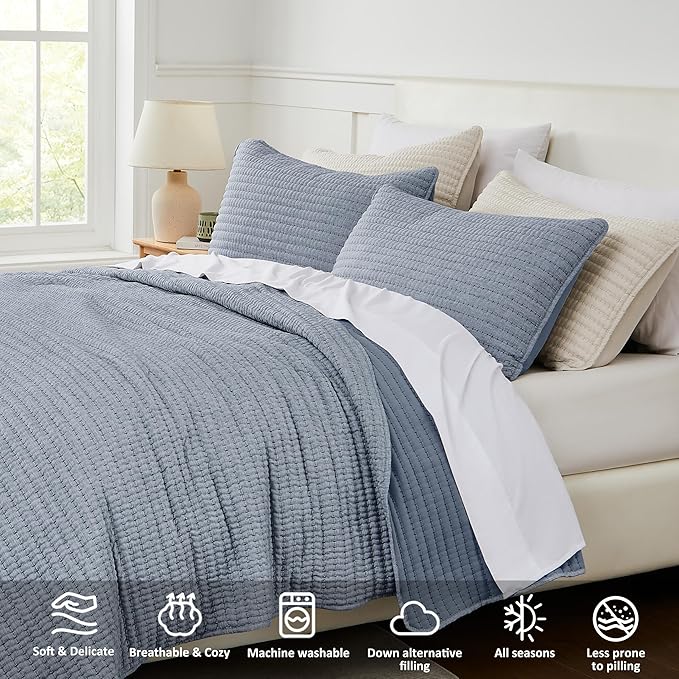 Chambray Pick Stitch Oversized King Size Quilt Set, California King Striped Lightweight Soft Summer Spring Bedspread, Bamboo Linen Like Textured Coverlet, Chambray Farmhouse Country Rustic Bedding
