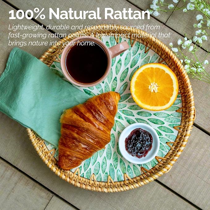JUNGLE CULTURE Round Rattan Tray with Mother of Pearl Inlay • Everglade 14"