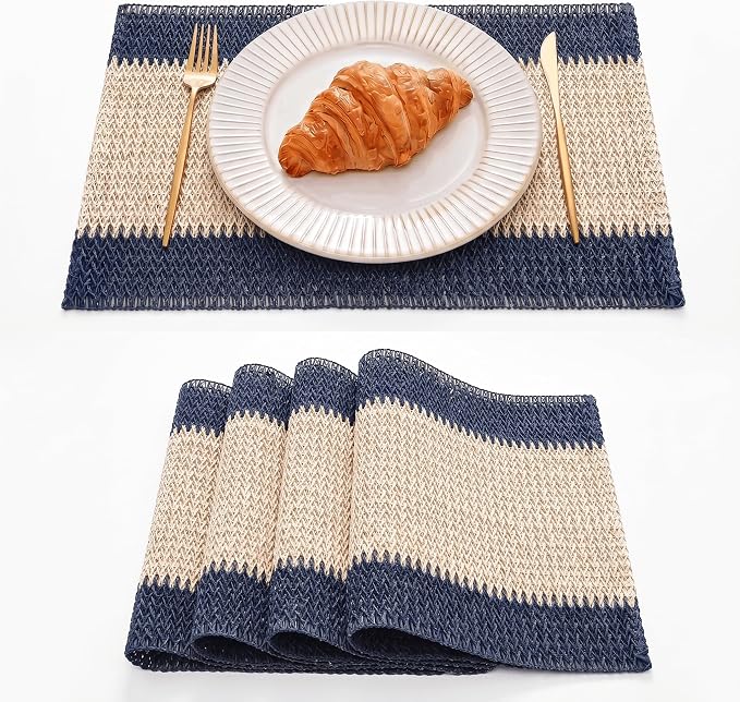 Artoid Mode Blue Paper Woven Farmhouse Stripe Placemats Set of 4,12x18 Inch Seasonal Holiday Table Mats Party Kitchen Dining Decoration