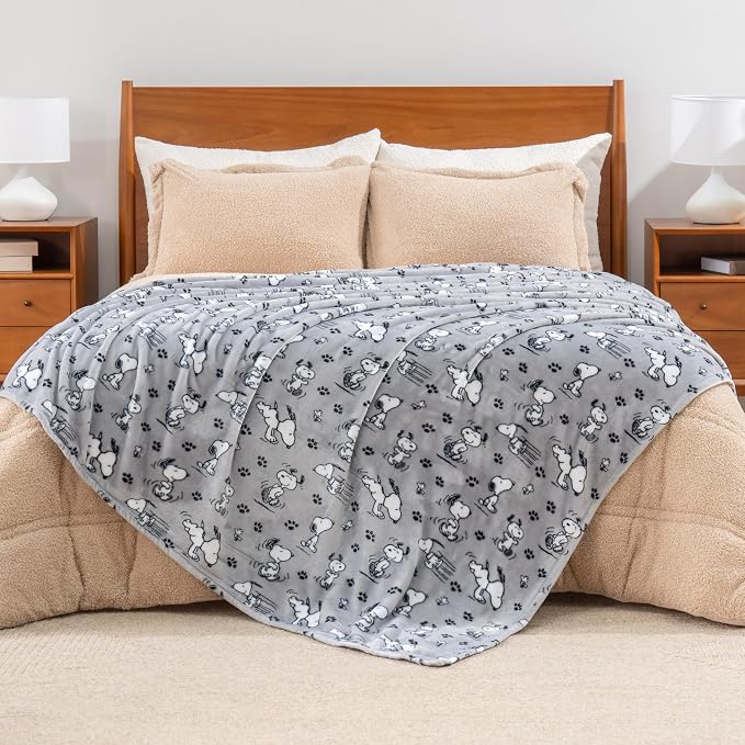 Berkshire Blanket Peanuts® VelvetLoft® Cute Character Snoopy Plush Blanket,Peanuts Poses and Paws Grey,King 90 in x 108 in (Official Peanuts® Product)