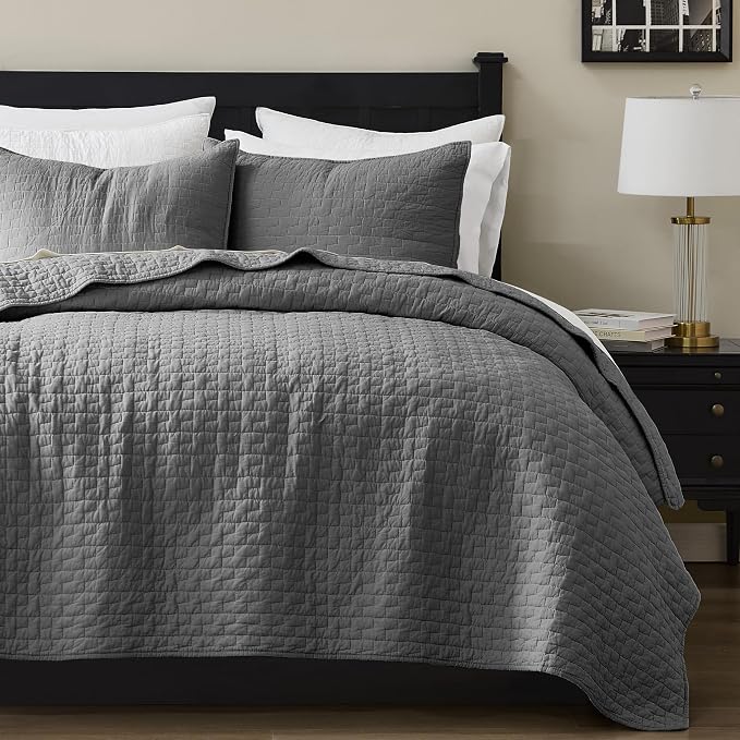 palassio Dark Grey 100% Cotton Quilt Queen Size Bedding Sets with 2 Pillow Shams, Textured Lightweight Soft Bedspread Shabby Chic Coverlet, Quilted Comforter Bed Cover for All Season, 3 Pieces