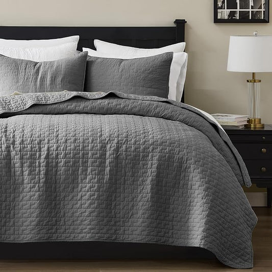 palassio Dark Grey 100% Cotton Quilt Twin Size Bedding Sets with 1 Pillow Sham, Textured Lightweight Soft Bedspread Shabby Chic Coverlet, Quilted Comforter Bed Cover for All Season, 2 Pieces