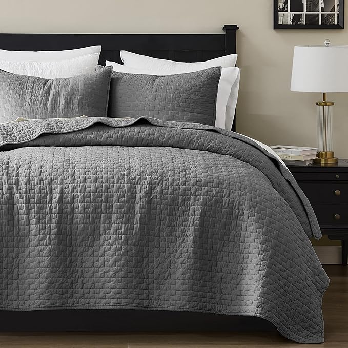 palassio Dark Grey 100% Cotton Quilt California Cal King Size Bedding Sets with 2 Pillow Shams, Oversized Lightweight Bedspread Shabby Chic Coverlet, Soft Bed Cover for All Season, 3 Pieces