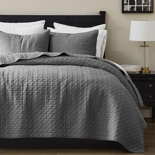 palassio Dark Grey 100% Cotton Quilt California Cal King Size Bedding Sets with 2 Pillow Shams, Oversized Lightweight Bedspread Shabby Chic Coverlet, Soft Bed Cover for All Season, 3 Pieces