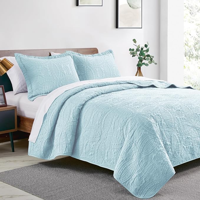 Love's cabin Oversized King Size Quilt Bedding Set Spa-Blue Bedspreads - Oversized King Lightweight Bedspread Comforter - Coin Pattern Coverlet for All Season - 3 Pieces (1 Quilt, 2 Pillow Shams)