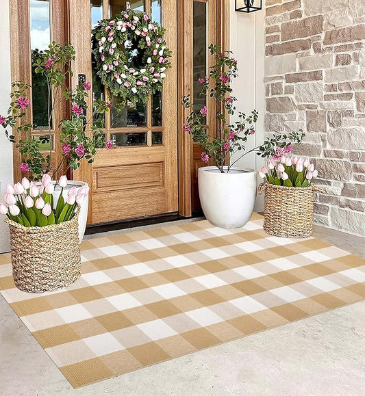 3' x 5' Outdoor Rug, Checkered Washable Rug Khaki and White Front Porch Rug Washable Front Door Mat Outdoor for Hello Welcome Mat, Bedroom, Entryway, Patio