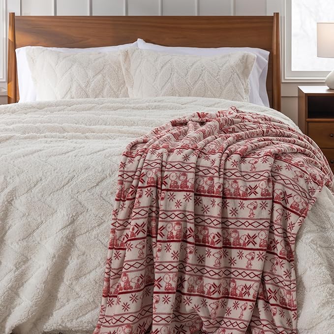 Berkshire Peanuts® VelvetLoft® Cute Character Snoopy Plush Blanket,Cozy Fairisle Crimson Neutral,Twin 60 in x 90 in (Official Peanuts® Product)