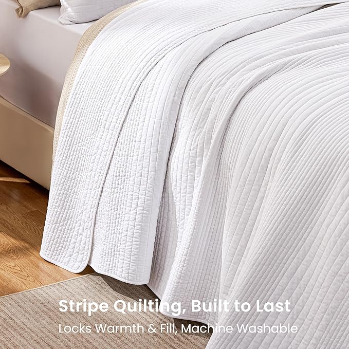 Love's cabin King Size Cotton Quilt Set, 100% Cotton Fabric Striped Textured Coverlet with Crinkled Look, Lightweight Quilted Bedspread for All Season, Includes 2 Pillow Shams, White | Lightweight