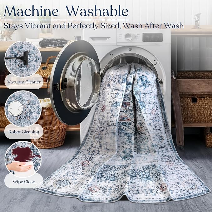 Machine Washable Area Rug, Soft & Durable, Non-Slip, Stain Resistant Rug for Bedroom, Living Room, Dining Room, High Traffic Areas. (Blue/Coral, 3' X 5')