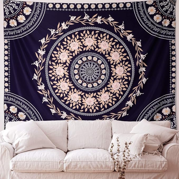 FLY SPRAY Mandala Tapestry Aesthetic,Boho Tapestries Wall Hanging,Dark Rose Floral Medallion Tapestrys,Bohemian Wall Art Hippie Decor for Bedroom Living Room Ceiling