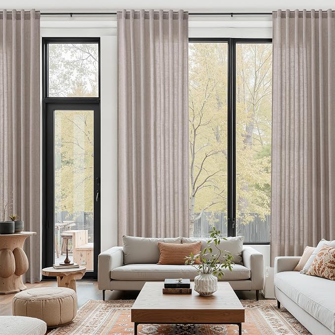 Brownish Grey Linen Curtains for Living Room Extra Long 132 Inches Long Back Tab Light Filtering Semi Sheer Curtain Modern Farmhouse Decor Floor to Ceiling High Window for Bedroom 52x132, 2 Panels