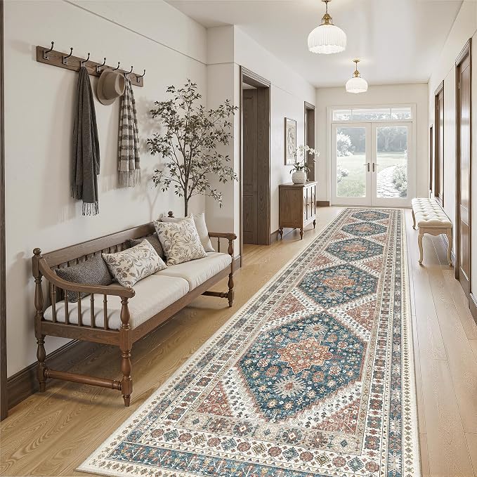 Madane Hallway Runner Rug 2'6''x14' Kitchen Runners Vintage, Navy Blue | Long Non-Slip Washable Rugs 14ft for Laundry Room, Entryway and Bedroom, Soft Low Pile Stain-Resistant 2.5x14 Ft Floor Carpet