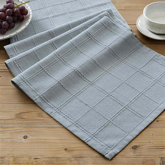 ZeeMart Linen Checked Farmhouse Table Runner, 13x36 Inches Chambray | Raised Grid Design, Rich Woven Texture, Linen Blend Table Runners 36 Inches Long, Machine Washable, Boho Home Kitchen Decor