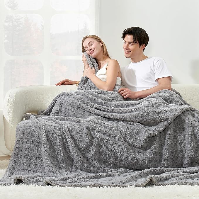 Cozy Bliss Ultrasoft Waffle Throw Blanket, Fluffy Cute Plush Blanket for Couch, Bed, Modern Home Accent, Portable for Picnic or Outdoor, Grey, 50"x60"