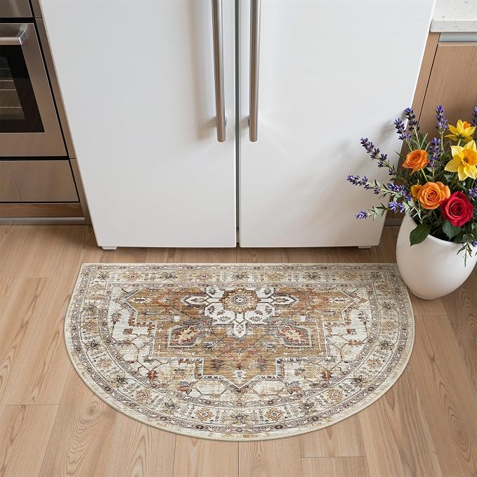 Madane Washable Half Circle Round Rug 2x3 Small Moon Rugs, Turmeric/Grey | Non-Slip Vintage Entryway Semi Area Rug 24"x36", Low Pile Door Mat Indoor Entrance for Bedroom Kitchen Entry Laundry Room