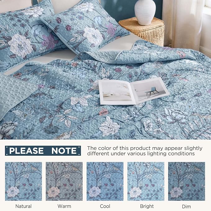 Litanika Floral Light Blue Quilt Set - 3Pcs Botanical Birds Pattren Bed | Super King Bedspread Summer Lightweight Soft Coverlet with White Flower for All Seasons (120"x120")