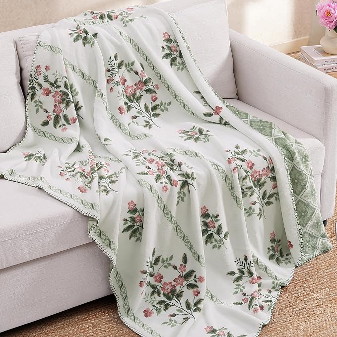 Floral Reversible Throw Blanket for Couch-Coco Flannel Soft Bed Blankets | Luxuriously Warm Fluffy Decor for Women, Mom, Her & Girls, Plush Throw for Sofa, Chair, 50x60in, Herb Green