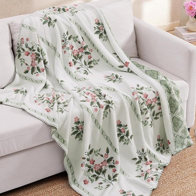 Floral Reversible Throw Blanket for Couch-Coco Flannel Soft Bed Blankets | Luxuriously Warm Fluffy Decor for Women, Mom, Her & Girls, Plush Throw for Sofa, Chair, 60x80in, Herb Green