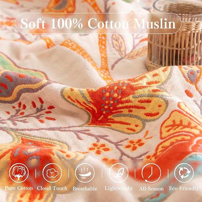Phuryllic Boho Throw Blanket Twin Size, Soft Cozy Cotton Muslin Quilt Blanket for Bed Decor, Floral Patterned Couch Sofa Chair Cover, Vintage Farmhouse Cottage Tapestry Woven Blanket, Coral&Green