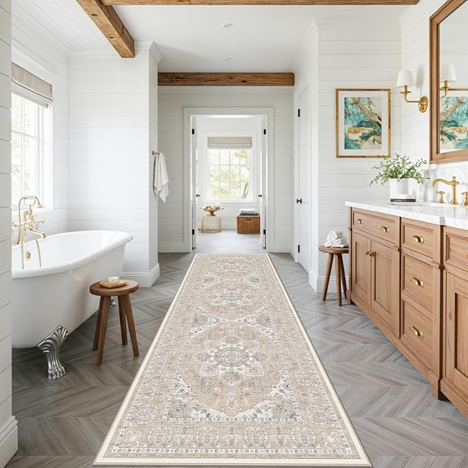 4x12ft Wide Washable Hallway Runners - Non-Slip Vintage Kitchen Rugs with Rubber Backing Stain Resistant Carpet for Dining Room Soft Thin Indoor Floor Mat for Living Room Bedroom (Beige/Cream,4x12)