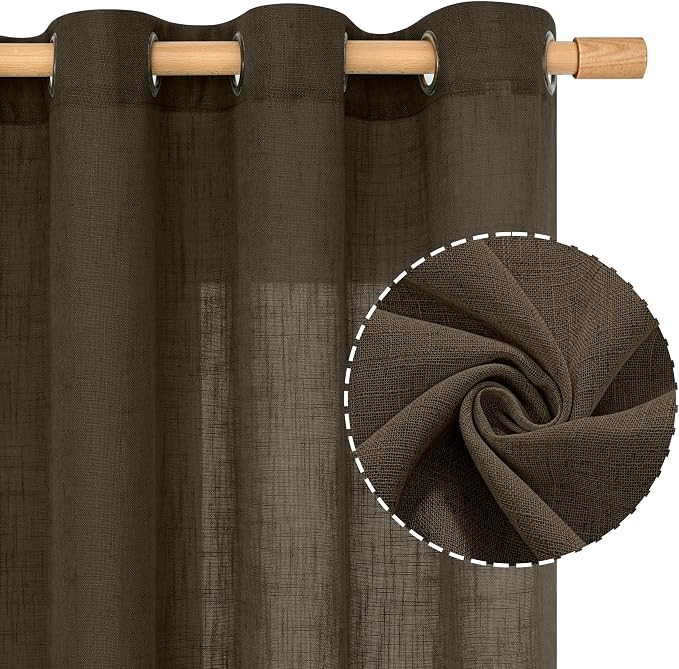 Linen Semi Sheer Curtains 63 Inch Length 2 Panels, Dark Brown | Chocolate, Light Filtering, Bedroom Curtains, Linen Textured, Window, Drapes for Living Room, Bronze Grommet, 34 x 63 Inch