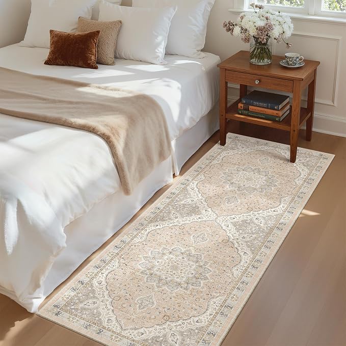 Madane Washable Runner Rug 2x6 Runners for Hallways Non Slip, Pink/Gray | Vintage Stain-Resistant 6 Feet Kitchen Rug, Soft Low-Pile Ultra-Thin Floor Carpet Mat for Bathroom Laundry Room Bedroom 2x6ft