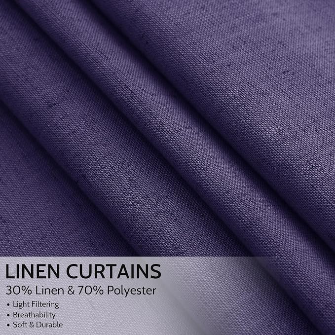 Purple Linen Blend Light Filtering Back Tab Curtains 102 Inches Long, Semi Sheer Privacy Drapes for Living Room & Bedroom, 52x102 inch, 2 Panels