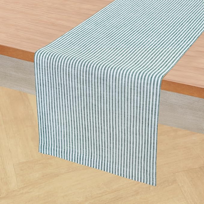 Solino Home 100% Linen Table Runner, 14 x 60 in, Rainforest, Narrow Stripe | dresses up dining tables for everyday meals, woven stripe, European flax fibres, machine washable, soft, OEKO-TEX Certified